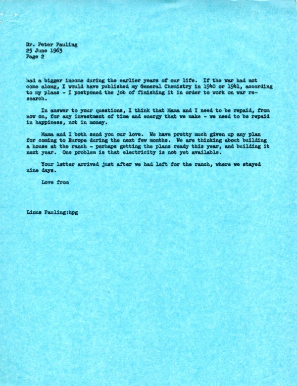 Letter from Linus Pauling to Peter Pauling. Page 2. June 25, 1963