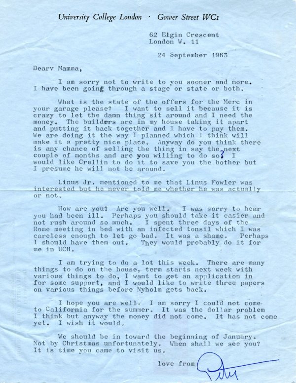 Letter from Peater Pauling to Ava Helen Pauling. Page 1. September 24, 1963