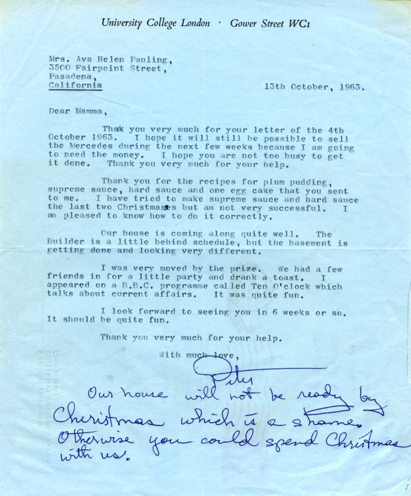 Letter from Peter Pauling to Ava Helen Pauling. Page 1. October 13, 1963