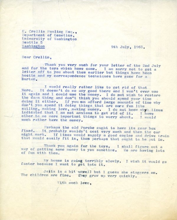 Letter from Peter Pauling to Crellin Pauling. Page 1. July 9, 1963