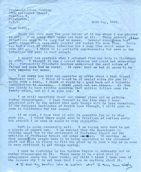 Letter from Peter Pauling to Linus Pauling. Page 1. May 20, 1963