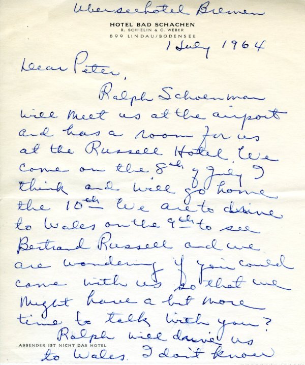 Letter from Ava Helen Pauling to Peter Pauling. Page 1. July 1, 1964