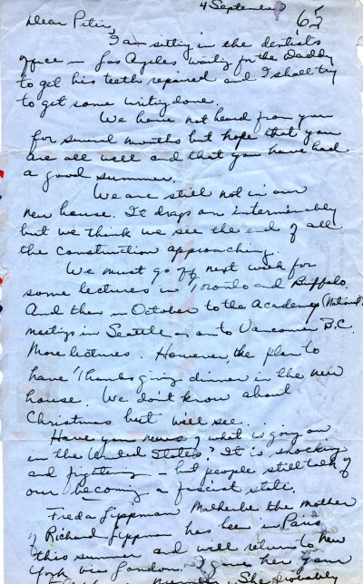 Letter from Ava Helen Pauling to Peter Pauling. Page 1. September 4, 1965
