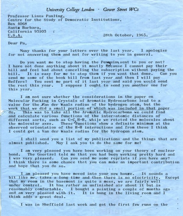 Letter from Peter Pauling to Linus Pauling. Page 1. October 28, 1965