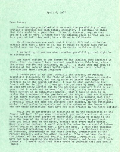 Letter from Linus Pauling to Peter Pauling. Page 1. April 6, 1967