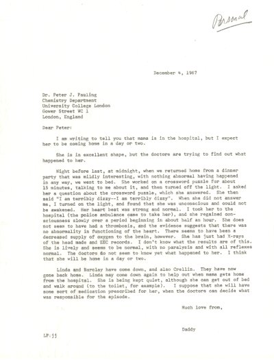 Memo from Linus Pauling to Peter Pauling. Page 1. December 4, 1967