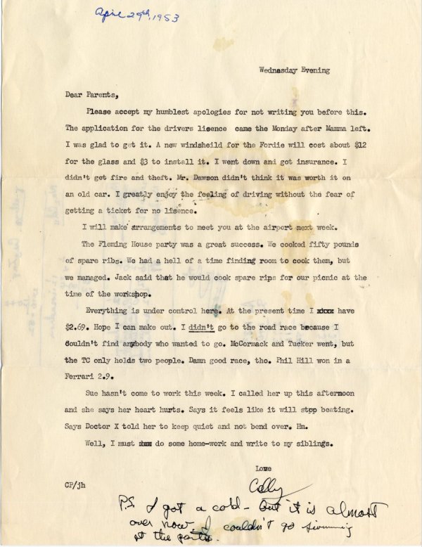 Letter from Crellin Pauling to Linus Pauling. Page 1. April 29, 1953