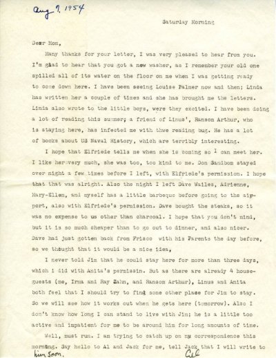 Letter from Crellin Pauling to Ava Helen Pauling. Page 1. August 7, 1954