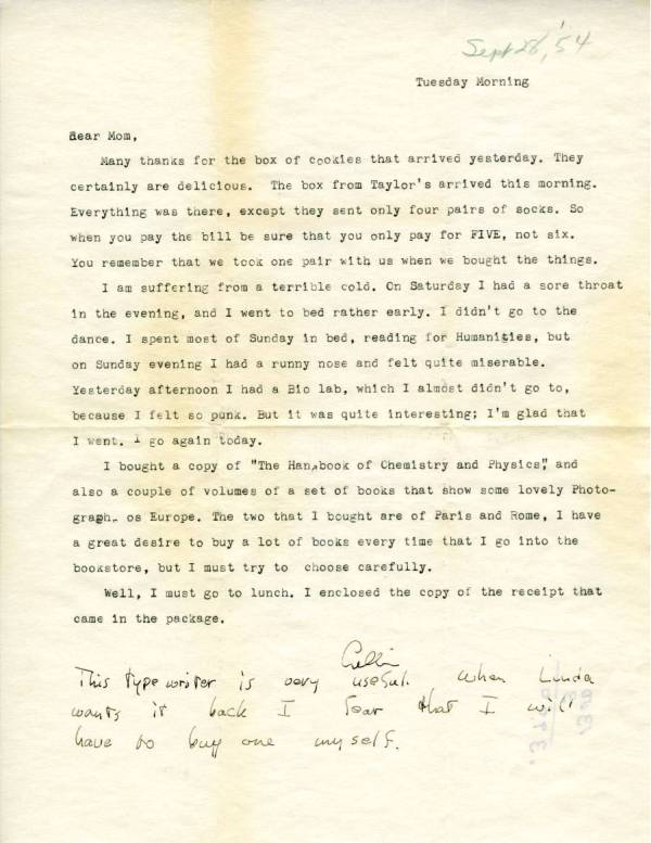 Letter from Crellin Pauling to Ava Helen Pauling. Page 1. September 28, 1954
