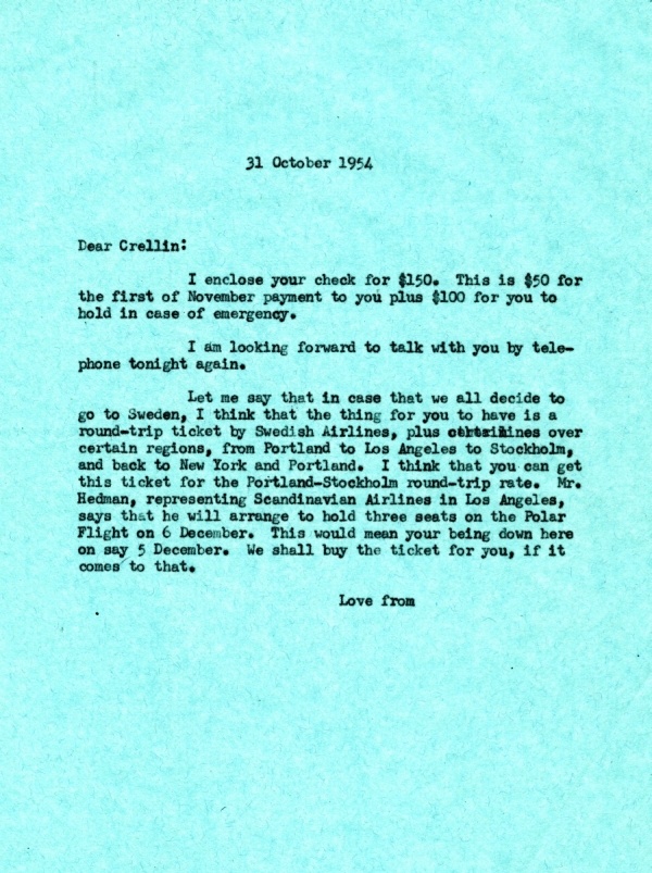 Letter from Linus Pauling to Crellin Pauling. Page 1. October 31, 1954