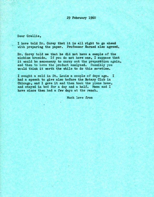 Letter from Linus Pauling to Crellin Pauling. Page 1. February 29, 1960