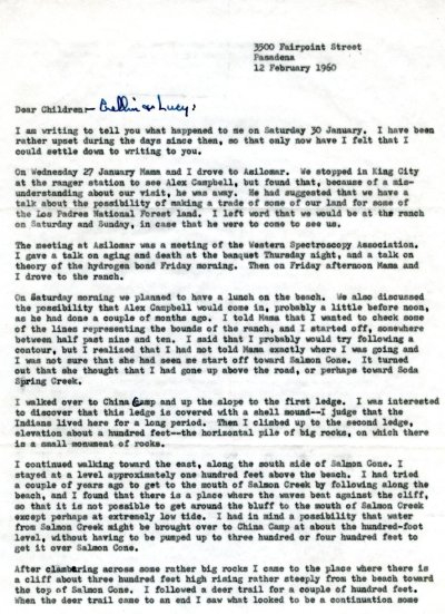 Letter from Linus Pauling to Linus Jr., Linda, Peter, Crellin and Lucy Pauling. Page 1. February 12, 1960