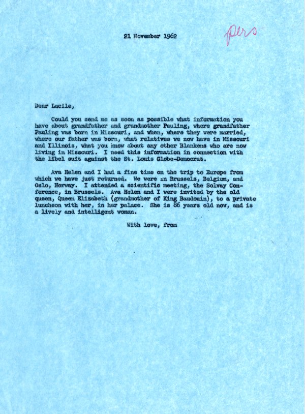 Letter from Linus Pauling to Lucile Jenkins. Page 1. November 21, 1962