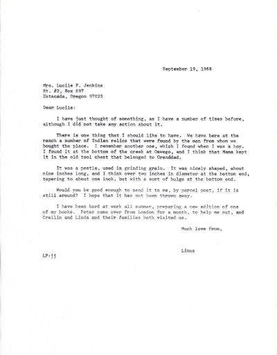 Letter from Linus Pauling to Lucile Jenkins. Page 1. September 19, 1968