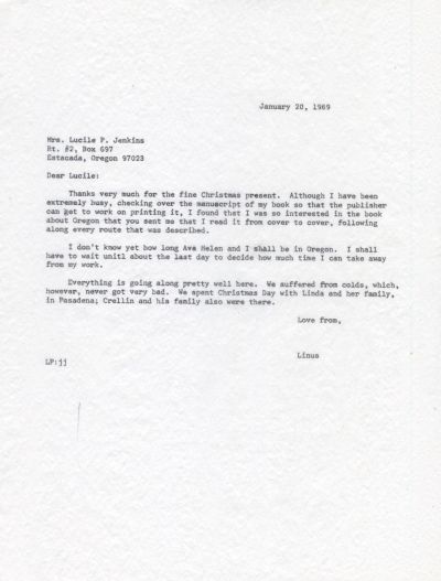 Letter from Linus Pauling to Lucile Jenkins. Page 1. January 20, 1969