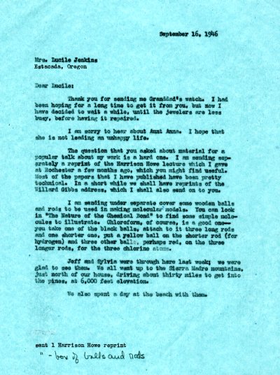 Letter from Linus Pauling to Lucile Jenkins. Page 1. September 16, 1946