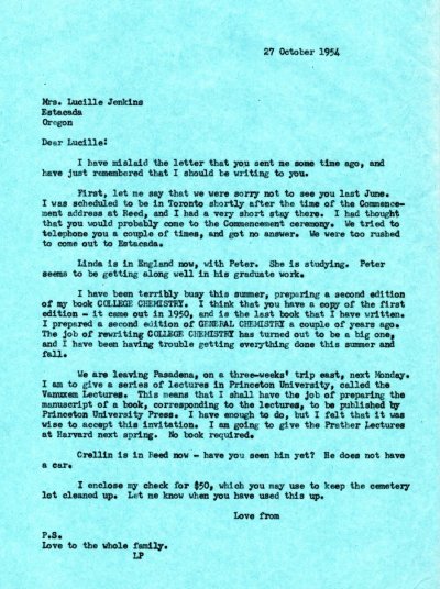 Letter from Linus Pauling to Lucille Jenkins. Page 1. October 27, 1954