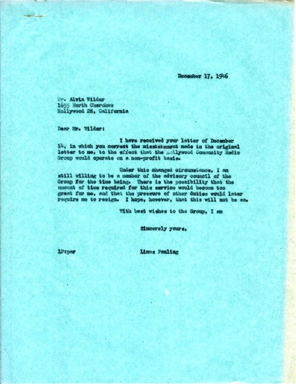 Letter from Linus Pauling to Alvin Wilder. Page 1. December 17, 1946