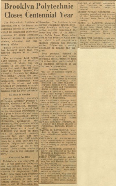 "Brooklyn Polytechnic Closes Centennial Year." Page 1. October 9, 1955