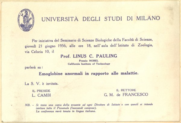 Invitation: Seminario di Scienze Biologiche della Facoltà di Scienze, Università degli Studi di Milano. Page 1. June 21, 1956