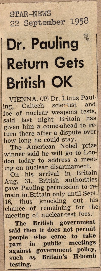 "Dr. Pauling Return Gets British OK." Page 1. September 22, 1958