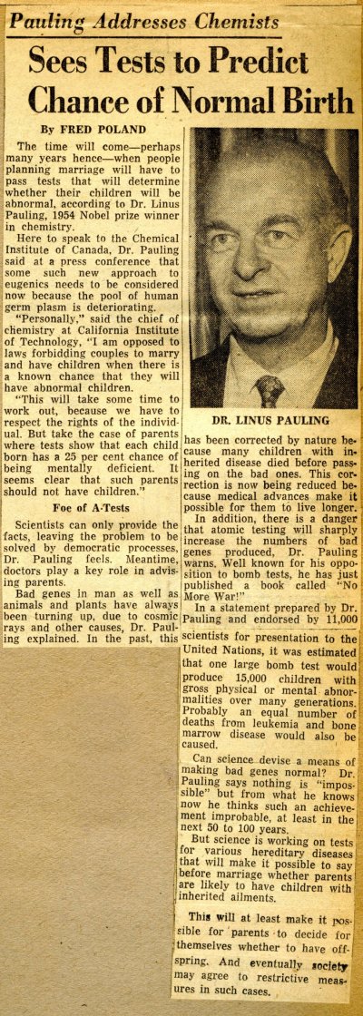 "Sees Tests to Predict Chance of Normal Birth." Page 1. October 16, 1958