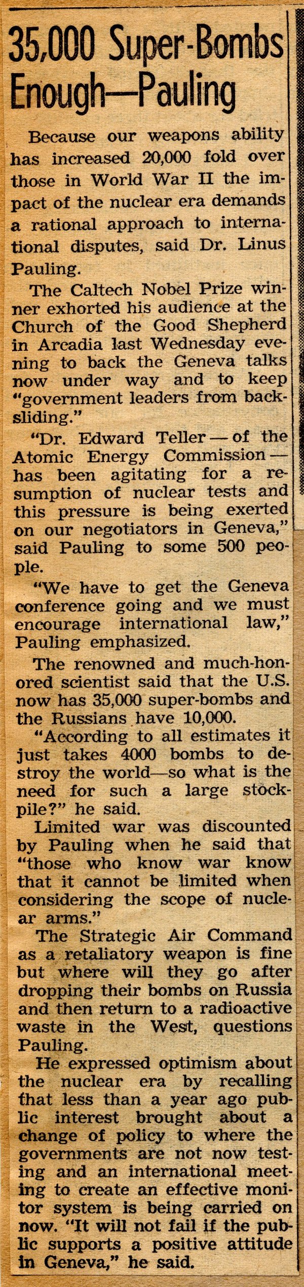 "35,000 Super-Bombs Enough -- Pauling." Page 1. February 4, 1959
