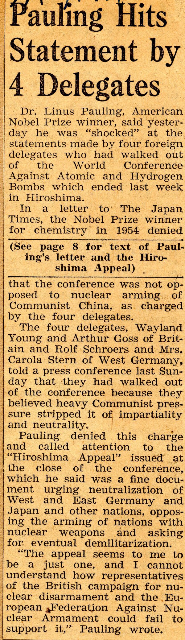 "Pauling Hits Statement by 4 Delegates." Page 1. August 14, 1959