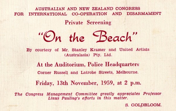 Invitation: Private screening of "On the Beach." Page 1. November 13, 1959