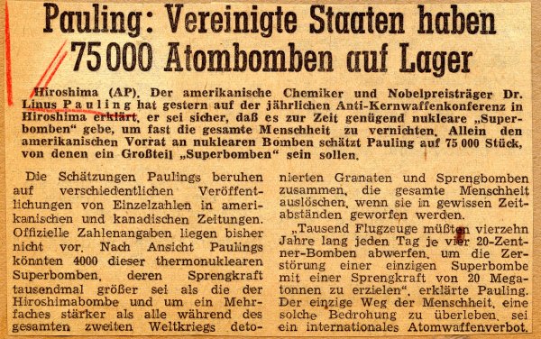 "Pauling: Vereinigte Staaen Haben 75,000 Atombomben auf Lager." Page 1. August 6, 1959