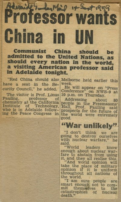 "Professor wants China in UN." Page 1. September 14, 1959
