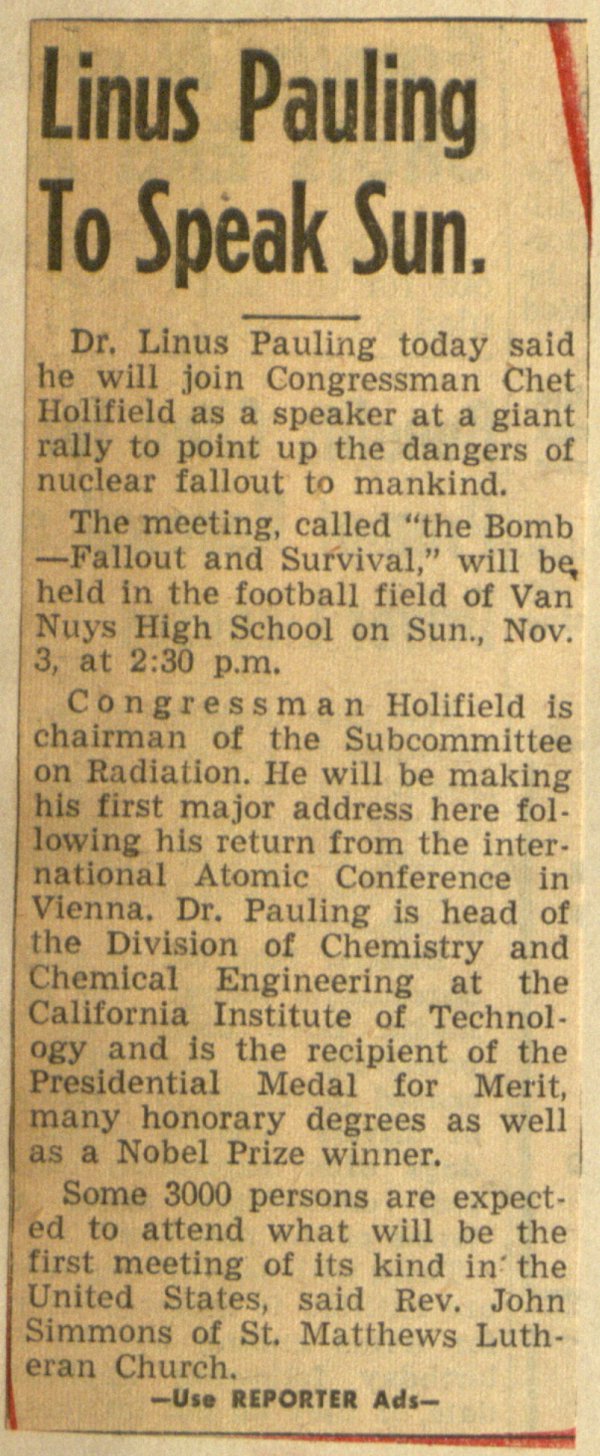"Linus Pauling to Speak Sun." Page 1. October 30, 1957