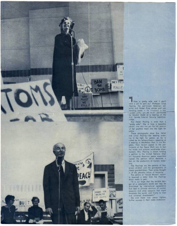 Ava Helen and Linus Pauling speaking at a peace rally.