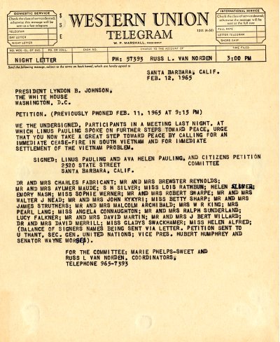 Telegram from Linus and Ava Helen Pauling to Lyndon B. Johnson. Page 1. February 12, 1965