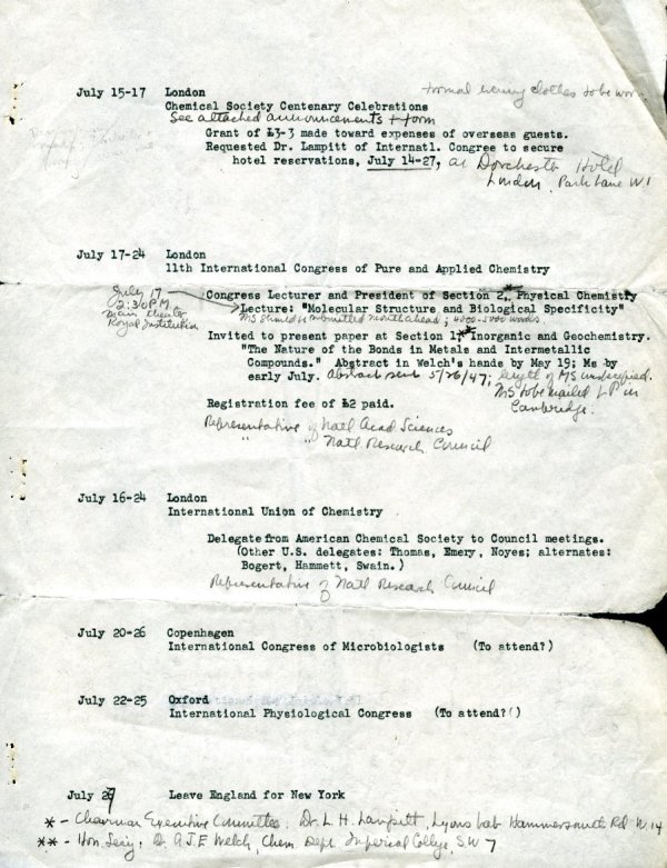 Itinerary for Linus Pauling's travels through Europe. Page 2. June - July 1947