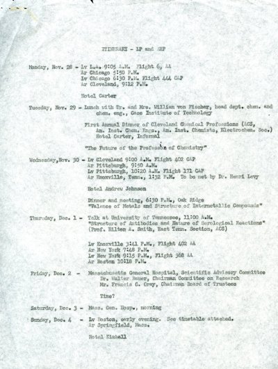 Itinerary for Linus Pauling's travels through New York, Washington, D.C. and Chicago. Page 1. November - December 1949
