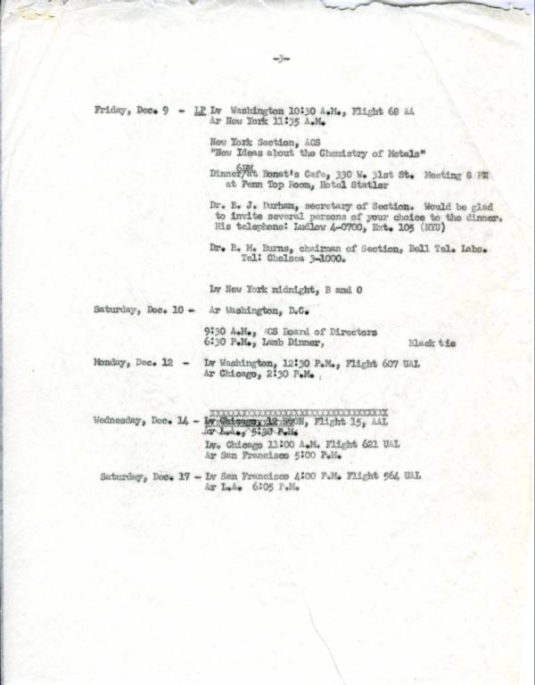 Itinerary for Linus Pauling's travels through New York, Washington, D.C. and Chicago. Page 3. November - December 1949