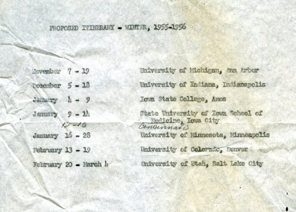 Itinerary for Linus Pauling's travels through the midwestern United States. Page 1. November 1955 - March 1956