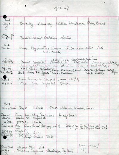 Itinerary for Linus Pauling's travels in the United States. Page 2. 1956 - 1957