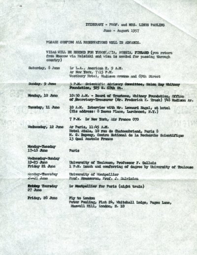 Itinerary for Linus Pauling's travels to New York and in France. Page 1. June - August 1957
