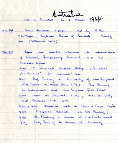 Itinerary: Visit to Armidale, Australia. Page 1. October 14, 1964