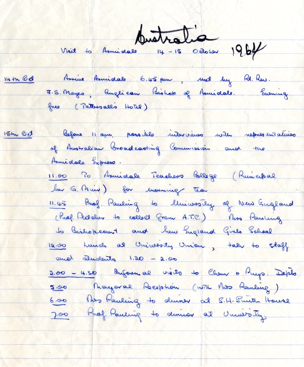 Itinerary: Visit to Armidale, Australia. Page 1. October 14, 1964