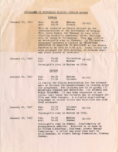 Itinerary: "Programme of Professor Pauling Outside Madaras." Page 1. January 22, 1967