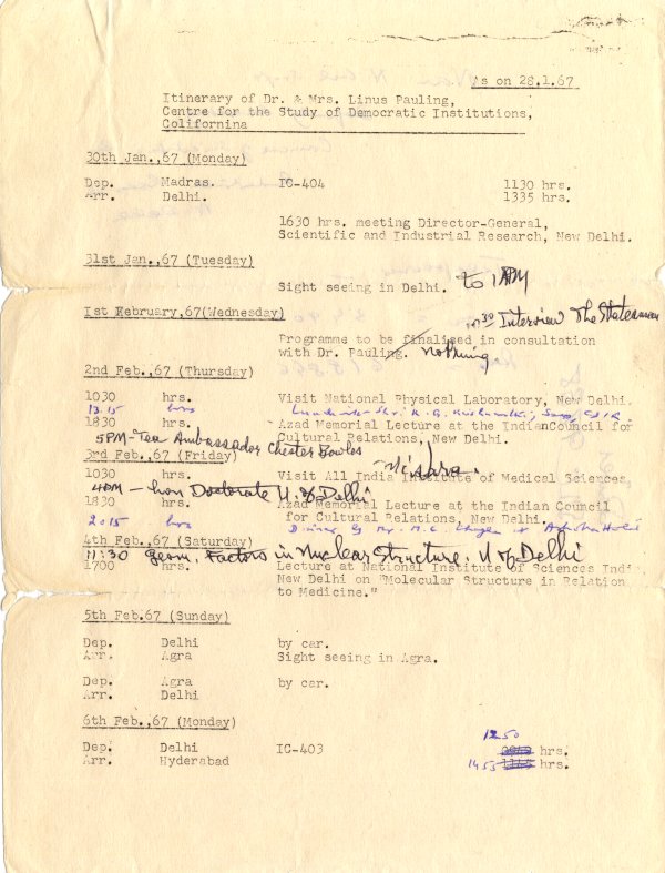 "Itinerary of Dr. & Mrs. Linus Pauling." Page 1. January 30, 1967