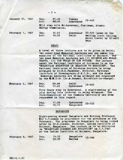 Itinerary: "Programme of Professor Pauling Outside Madaras." Page 1. February 6, 1967