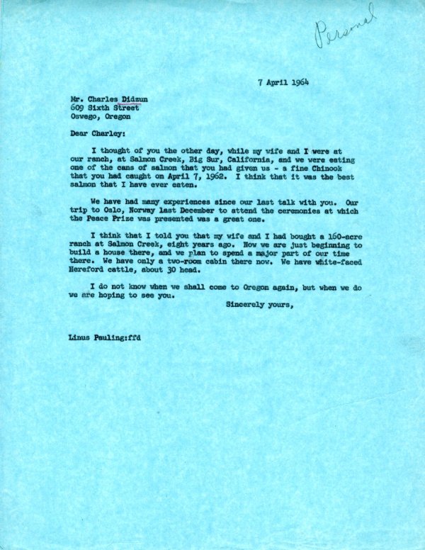 Letter from Linus Pauling to Charles Didzun. Page 1. April 7, 1964