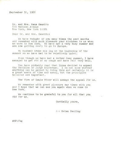 Letter from Ava Helen Pauling to Hans Kaunitz. Page 1. September 30, 1966