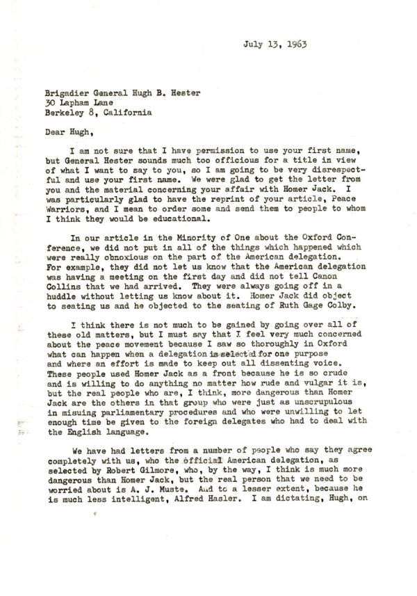 Letter from Ava Helen Pauling to Hugh B. Hester. Page 1. July 13, 1963
