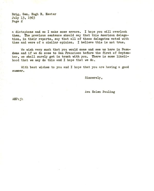 Letter from Ava Helen Pauling to Hugh B. Hester. Page 2. July 13, 1963