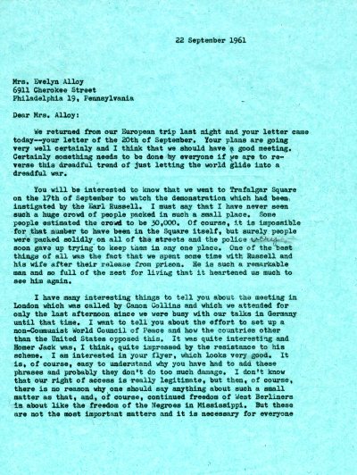 Letter from Ava Helen Pauling to Evelyn Alloy. Page 1. September 22, 1961